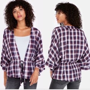 Express Purple Plaid Tie Front Kimono Blouse Top NEW